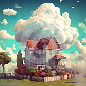 Dream House: A Serene Home Amidst a Cloudy Sky. Generative ai