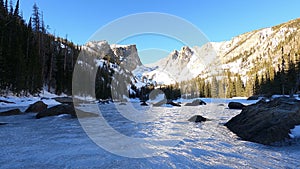 Dream Lake Frozen Mountain Timelapse with Hikers, view of Flattop Mountain