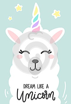 Dream like a unicorn inspirational poster with llama and stars. photo