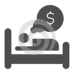 Dream about money solid icon. Man sleeping in bed, bulb with dollar symbol, glyph style pictogram on white background