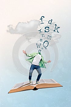 Dream poster banner collage of weird person faceless with letters after reading fairy tale story novel book