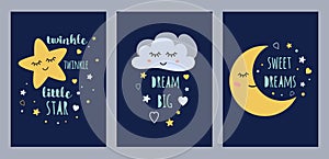 Dream sleep cards set for baby design Cute sleepy moon star cloud kids character vector