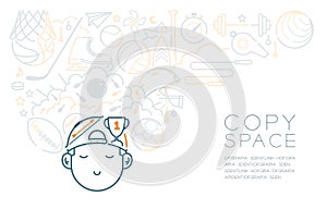 Dream with sleeping kid boy and sport equipment icon, Imagination of Future Occupation