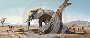 dream surreal stability concept solitude impossible nature elephant tree surrealism. Generative AI.