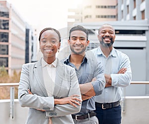 We are the dream team. Shot of a group of businesspeople standing outside together.