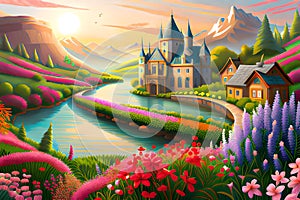 a dream wonder land made out of lush flower, a fancy sweet world illustration