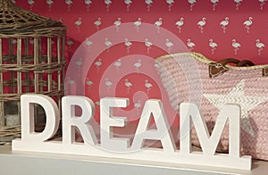 Dream wooden text over a shelf with pink background