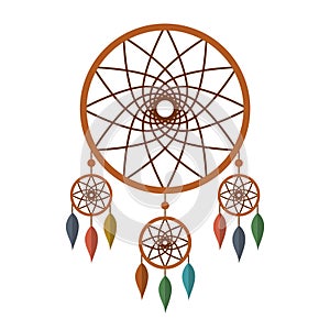 Dreamcatcher with colorful feathers isolated on white background. Native american indian dream catcher.