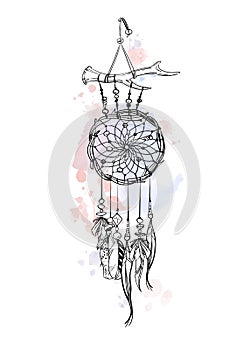 Dreamcatcher and feather with watercolor strokes isolated on white background. Native american indian dreamcatchers. Colorful vect