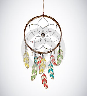 Dreamcatcher with feathers and Beaded Thread. Eethnic aztec, dra