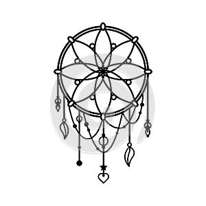 Dreamcatcher with feathers and beads on white background. Boho object tribal element.