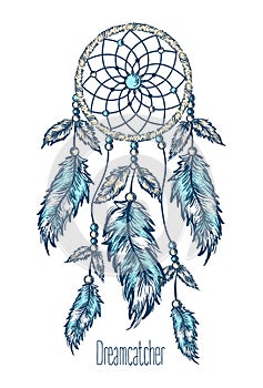 Dreamcatcher, feathers. Hand drawn.