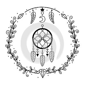 Dreamcatcher hand drawn doodle illustration. Talisman of protection in astrology and accultism. Magic time. Witch symbol for