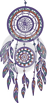 Dreamcatcher hand-drawn separately on a white background, round with feathers and beads, anti-stress coloring book