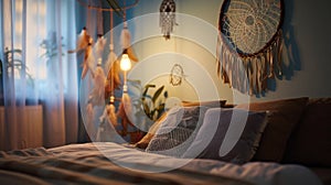 A dreamcatcher hung above a bed symbolizing the traditional Native American belief in using objects to enhance lucid photo