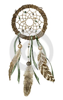 Dreamcatcher on isolated background. Watercolor illustration of Dream Catcher or hunter. Hand drawn clip art of vintage