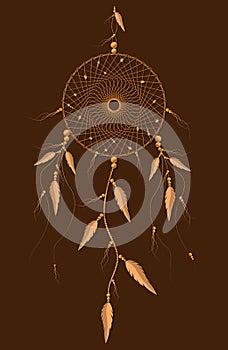 Dreamcatcher with mandala ornament and bird feathers. Gold Mystic symbol, Ethnic art with native American Indian boho design