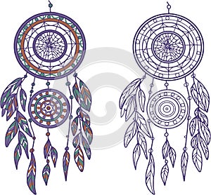 Dreamcatcher separately on a white background, round with feathers and beads, anti-stress coloring book