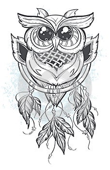 Dreamcatcher vector illustration with owl feathers