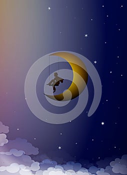 Dreamer concept, boy silhouette sitting on the moon swing, your child dream creative idea, vector