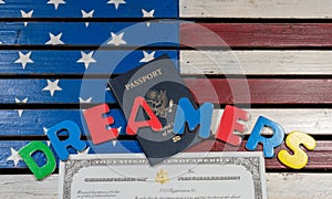 Dreamers concept using spelling letters on US flag