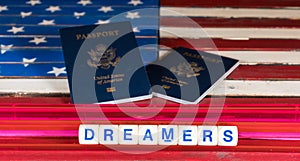 Dreamers concept using spelling letters on US flag
