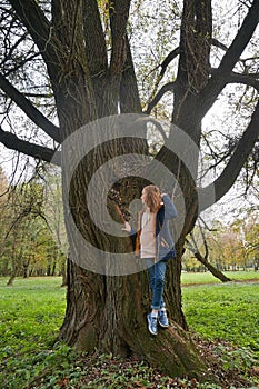 Dreamily schoolgirl in park near giant willow tree in early autumn