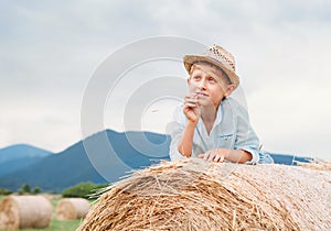 Dreaming boy lying on the rolling haystack