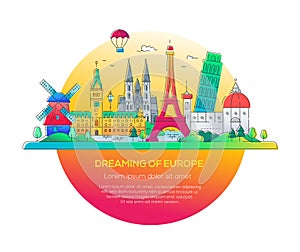 Dreaming of Europe - vector line travel illustration