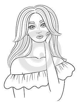 Dreaming girl Concept idea. Beautiful young woman with long wavy hair. Hand drawn sketch.