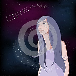 Dreaming girl on night sky background. Vector Illustration.