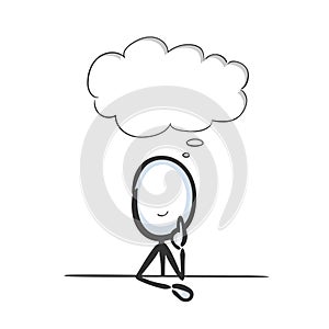 Dreaming and imagening. Thought bubble, cloud. Thinking of good memories. Hand drawn. Stickman cartoon. Doodle sketch, Vector