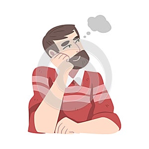 Dreaming Man with Beard Fantasizing Imagining Something in His Head Vector Illustration