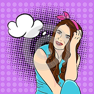 Dreaming pinup comix girl vector illustration on purple background. photo