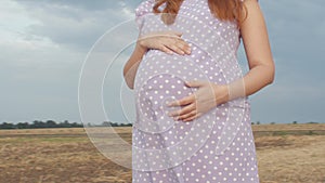 Dreaming pregnant woman in field on background of beautiful clouds