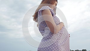 Dreaming pregnant woman in field on background of beautiful clouds