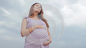 Dreaming pregnant woman in field on background of beautiful clouds