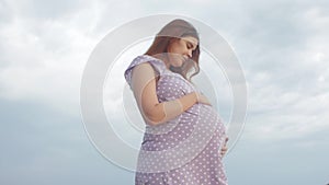 Dreaming pregnant woman in field on background of beautiful clouds