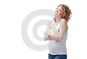 Dreaming pregnant woman isoleted on white background