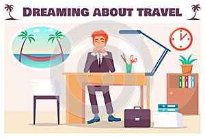 Dreaming about Travel banner with Guy in Office