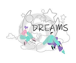 Dreaming Woman Character with Man and Woman Sit on Cloud Having Fancy Imagination Vector Illustration