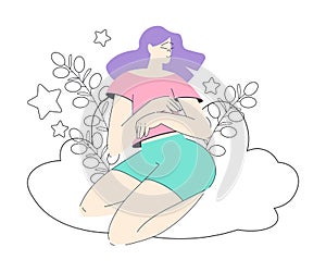 Dreaming Woman Character Sit on Cloud with Flora Having Fancy Imagination Vector Illustration