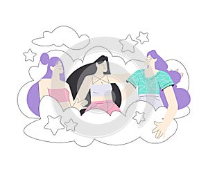 Dreaming Woman Friends Character with Head in Cloud Having Fancy Imagination Vector Illustration
