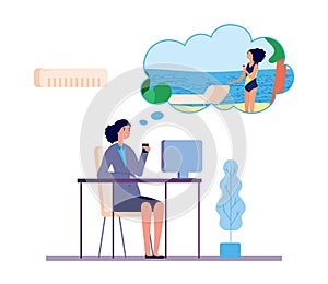 Dreaming woman. Office girl dreams about beach vacation vector concept