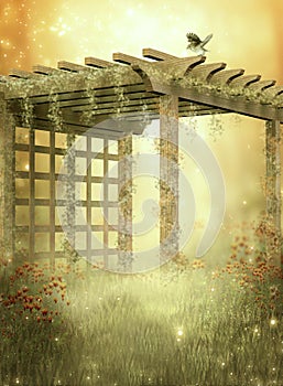 Dreamland Golden Fantasy Garden Pergola With Bird And Soft Light Atmosphere