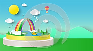 Dreamland background with rainbow paper 3d vector
