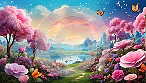 Dreamland fantasy spring landscape with flowers and butterflies