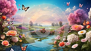 Dreamland fantasy spring landscape with flowers and butterflies, Paradise