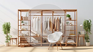 Dreamlike 3d Render Of Wooden Clothing Rack With White Chairs And Desk