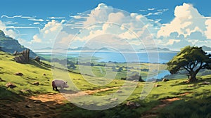 Dreamlike Anime Art: Small Ox On Hill With Impressive Coastal Scenery